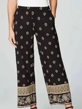 J. Jill Black Wide-Leg Printed Border Hem Pants